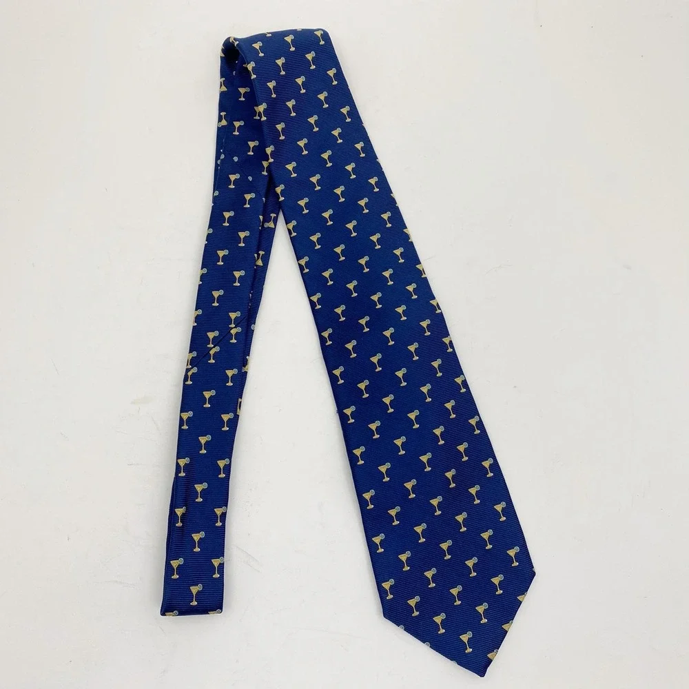 Lands' End Cocktail Martini Glass Margarita Silk Repp Necktie Mens Navy‎ Blue